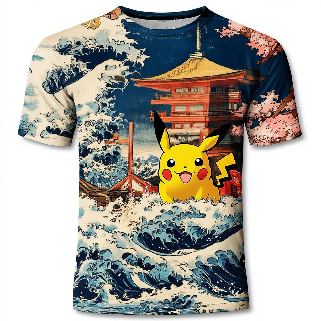 (MINISO)3D Pokemon T Shirt Men Tshirt Children T-shirt Summer Pikachu Oversized T-shirt For Men Clothing Tshirt Fashion Kid Anim