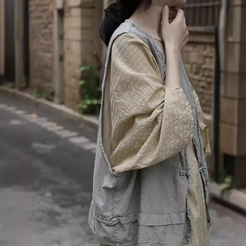 

Versatile single product literary style grabbing vest Tencel ramie outer buckle vest fashionable leisure simple temperament eleg