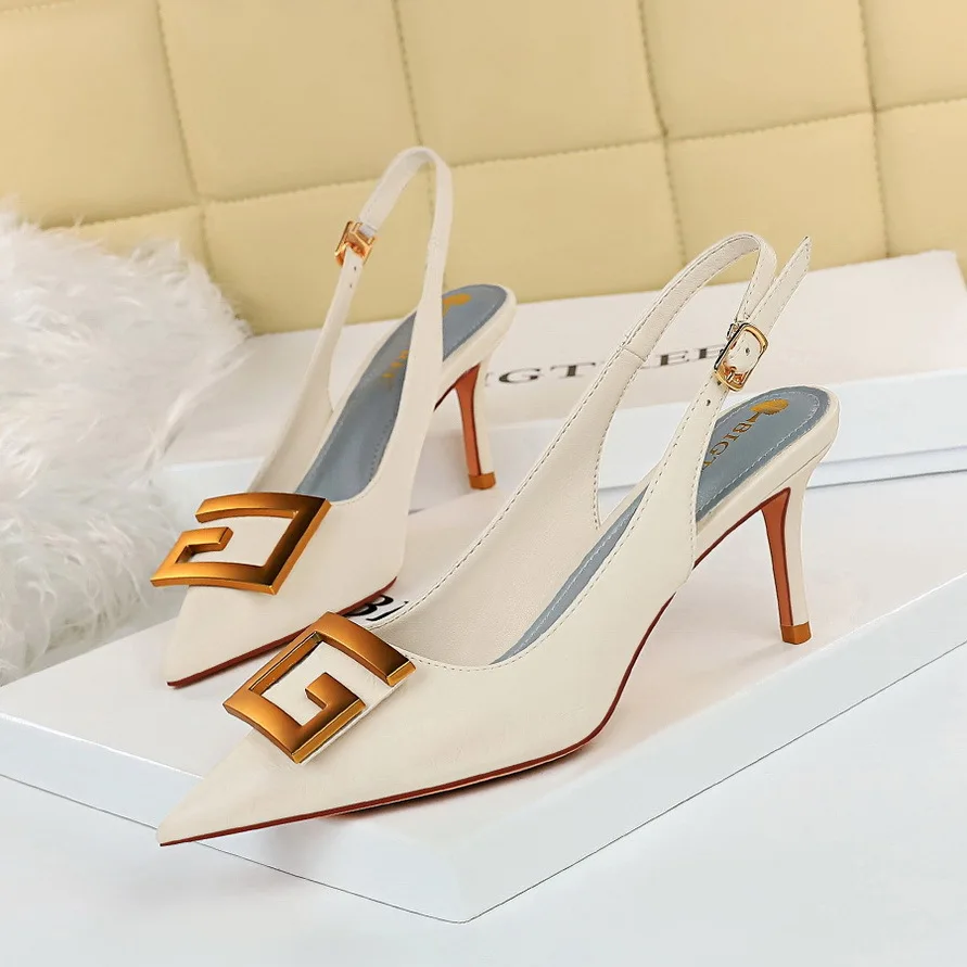 2024 Autumn Women Soft Leather Slingback Shoes Thin High Heels Office Dress Fashion Hollow Pointy Toe Gentle Sandals 8999-5