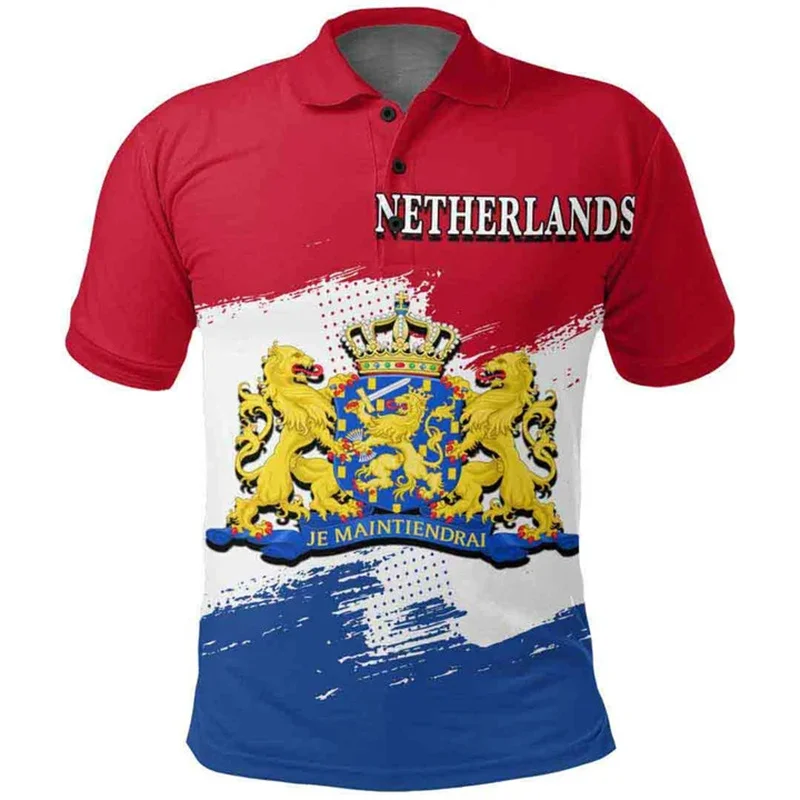 Netherlands 3d Print Flag Polo Shirt For Men National Emblem T-shirts Summer Casual Street Lapel Short Sleeve Tops Loose Shirts