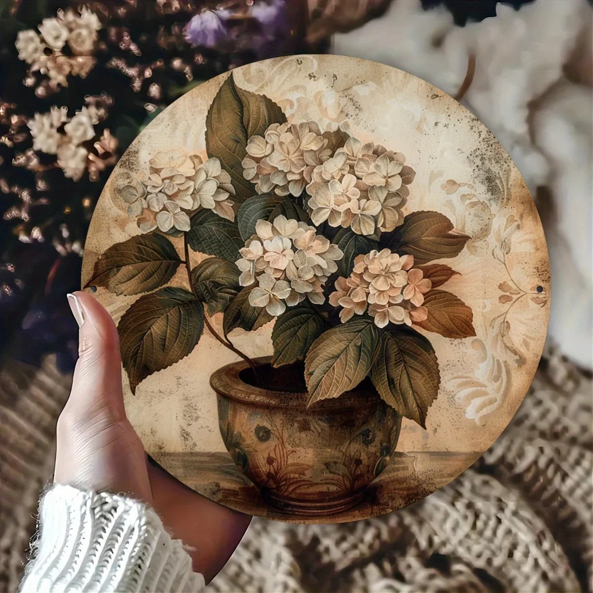 1 Piece of Classic Vintage Hydrangea Aluminum Sign, 8x8inch Round Tin Metal Wall Art, Suitable for H's Indoor/Outdoor Multifunctional Decoration