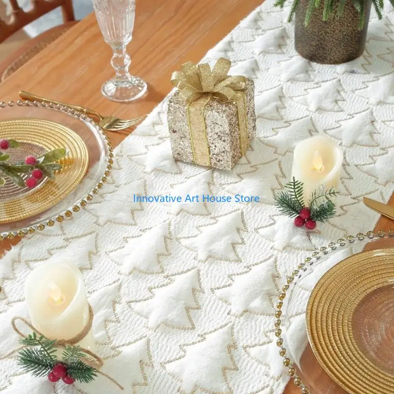 E1PC Soft Fabric Christmas Table Runner with Tufted Trees, 11.8 x 70.9 In Runner for Holiday Dining Tables, Center Display, and