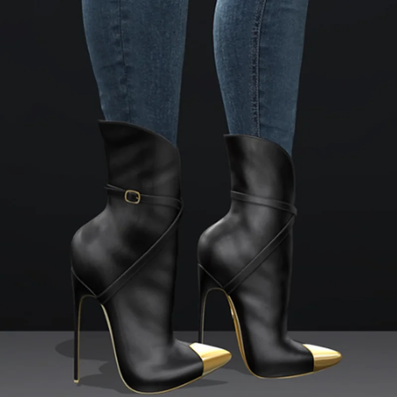 

Black Matte Mid Calf Buckle Boots Thin High Heel Pointed Toe Cool Fashion Sexy 2024 Winter Big Size Woman Shoes Zapatillas Mujer