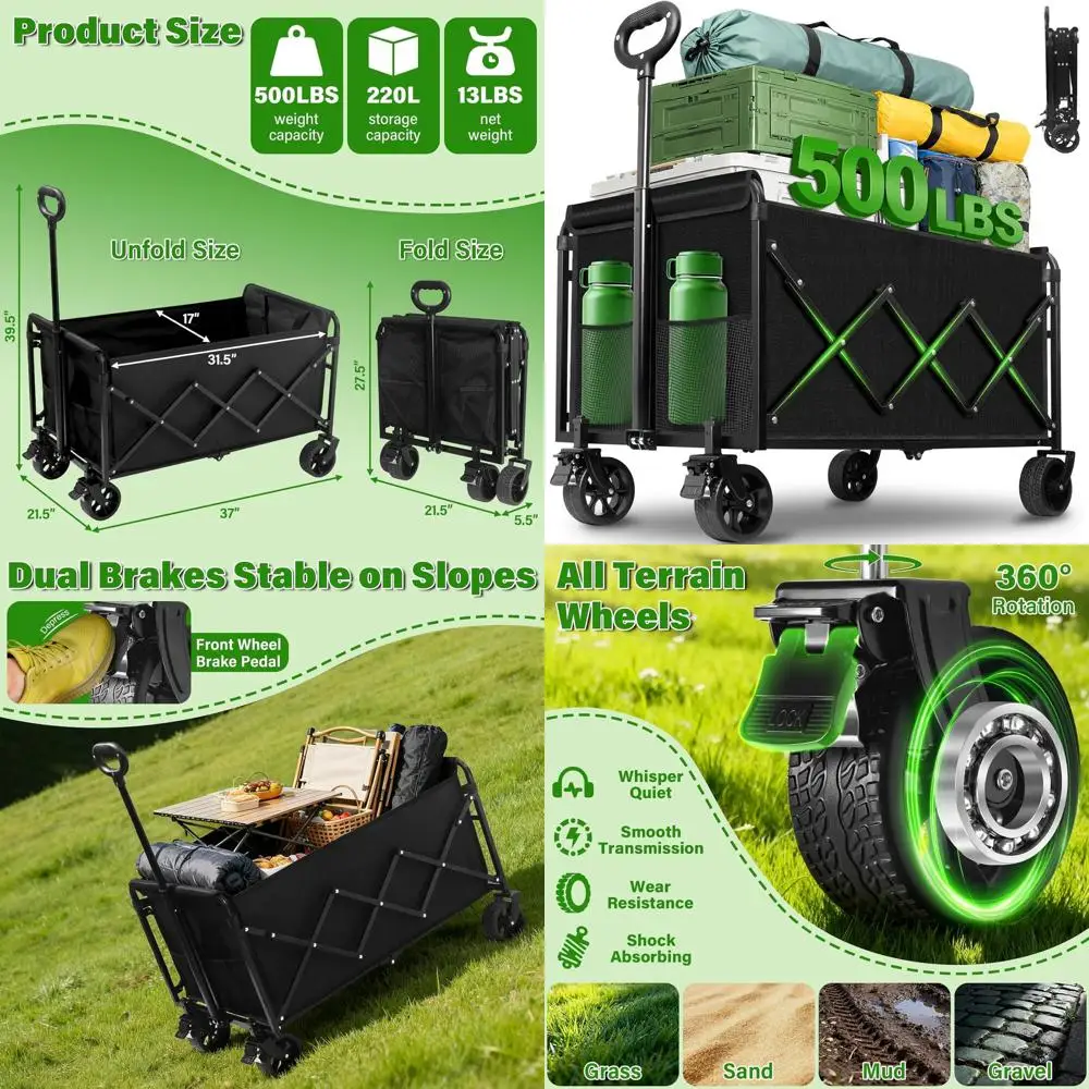 

Collapsible 500-Lb Capacity Wagon Cart with Wheels for Outdoor Utility, Suitable for Groceries, Camping, Sports, Gardening, and