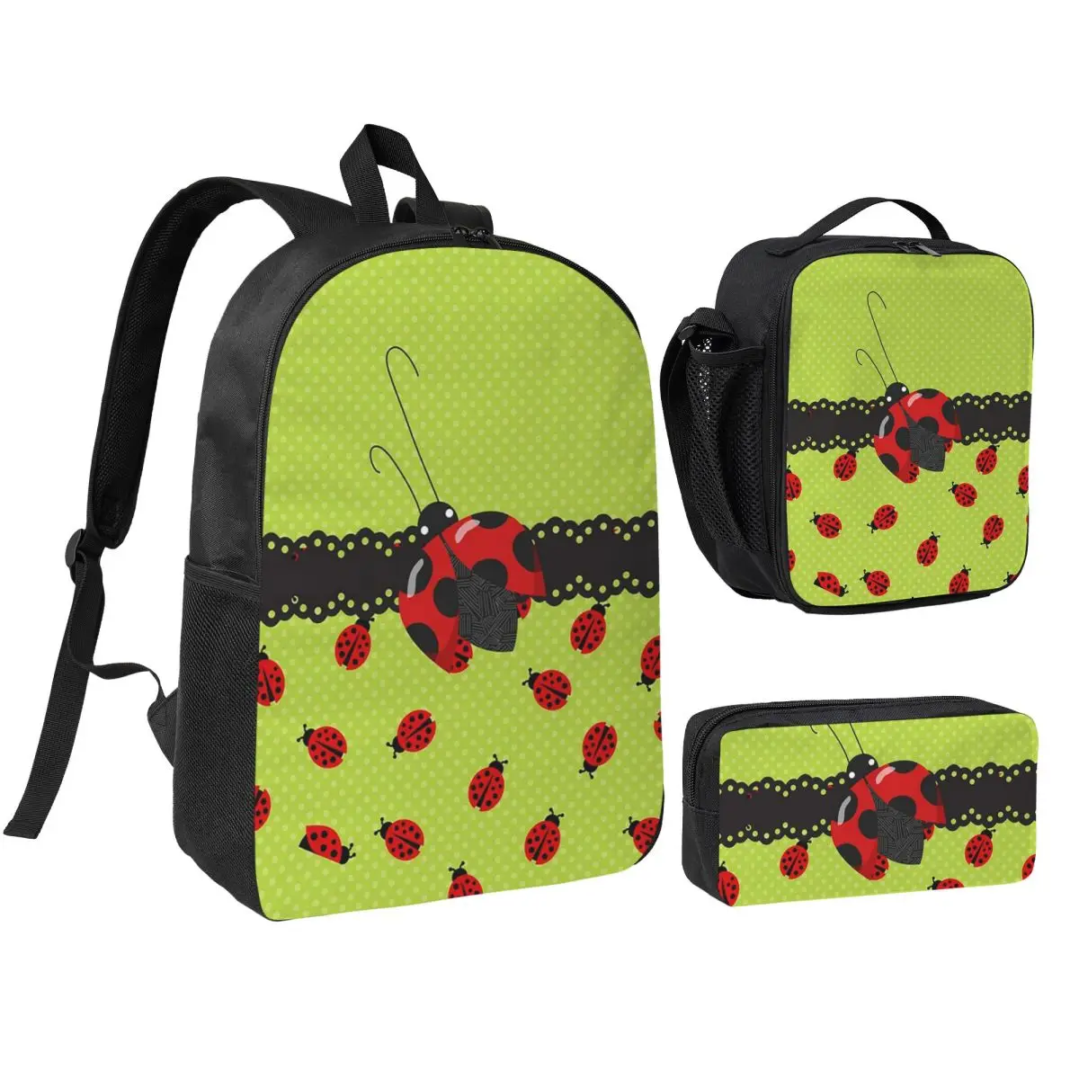 Cute Ladybug And Red White Polka Dots Backpack Boys Girls BookBag School Bag Shoulder Bags 3ps Insulated Lunch Bag Pencil Case