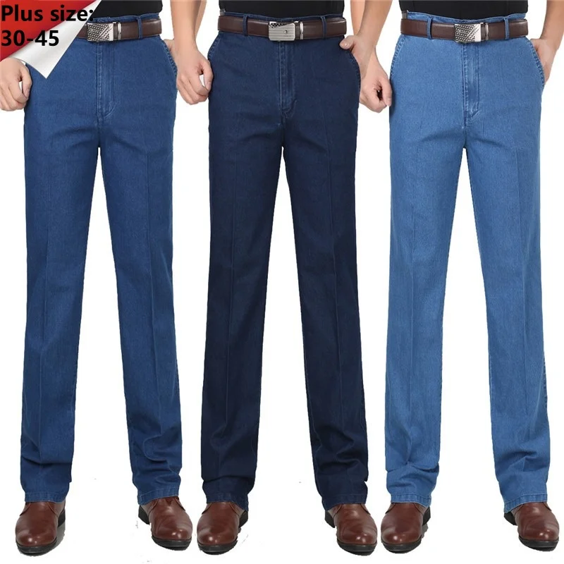 Summer Large Size 44 45 Father Jeans High Waisted Middle-aged Old Man High Elastic Dark Blue Plants Thin Straight Male Trousers