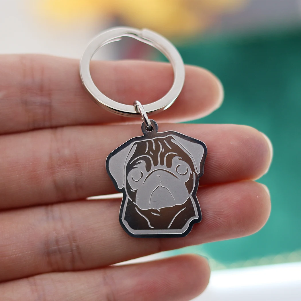 Cute Pug Dog Pet Charms 316L Stainless Steel Pendant Cartoon Pet Kids Gifts Keychain for Women Men Jewelry Bag Deco Accessories