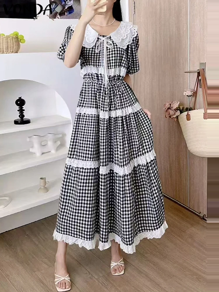 

VONDA Summer Long Maxi Dresses Women Short Sleeve Plaid Sundress Bandage Peter Pan Collar Lace Patchwork Ruffled Party Vestidos