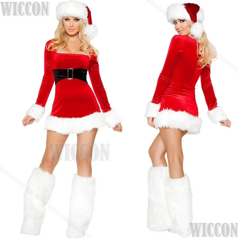 

a7d@Christmas Cosplay 2025 Costume Hat Dress Foot Sleeves White Plush Skirt Hot Women Girl Holloween RolePlay One Size Customiz