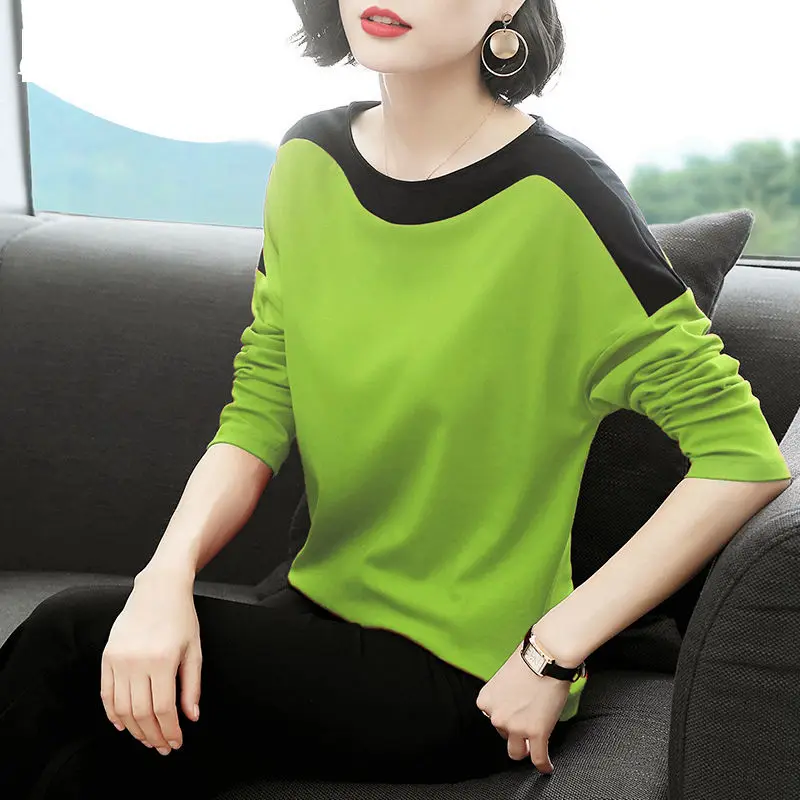 Casual Comfortable Cotton Long Sleeved Tops Fashion Slim Patchwork Color O-neck Skinny Wild Simple T-shirts Women's Clothing