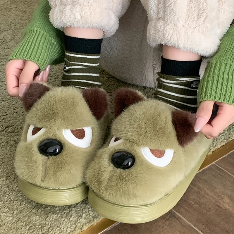 Husky Hund Kunstpelz Paar Winter Hausschuhe Chunky Plattform Rutschfeste Hausschuhe Frau Komfort Flauschige Plüsch Outdoor Hausschuhe Frauen – Detail 4