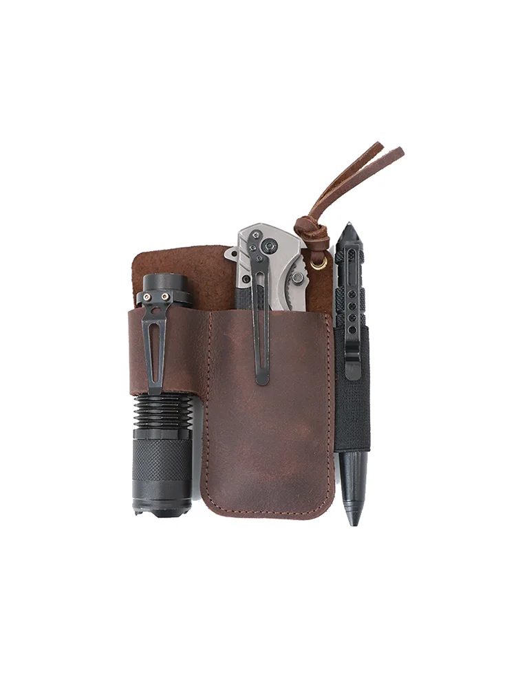 EDC Leather Flashlight Tool Holster Multi-functional Outdoor Tactical Belt Pouch for Folding Knife Storage view 5