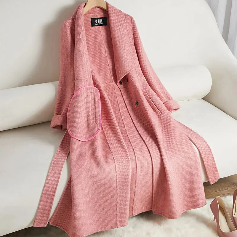 Reversible Cashmere Coat for Women, Long Overcoat, Below the Knee, Lapel, Temperament Wool, Korean Style, Slim Fit, Woolen Outwe