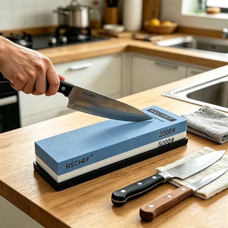 2026 New RSCHEF Double Sided Whetstone with Anti Slip Base Kitchen Knife Blade Sharpening Tool