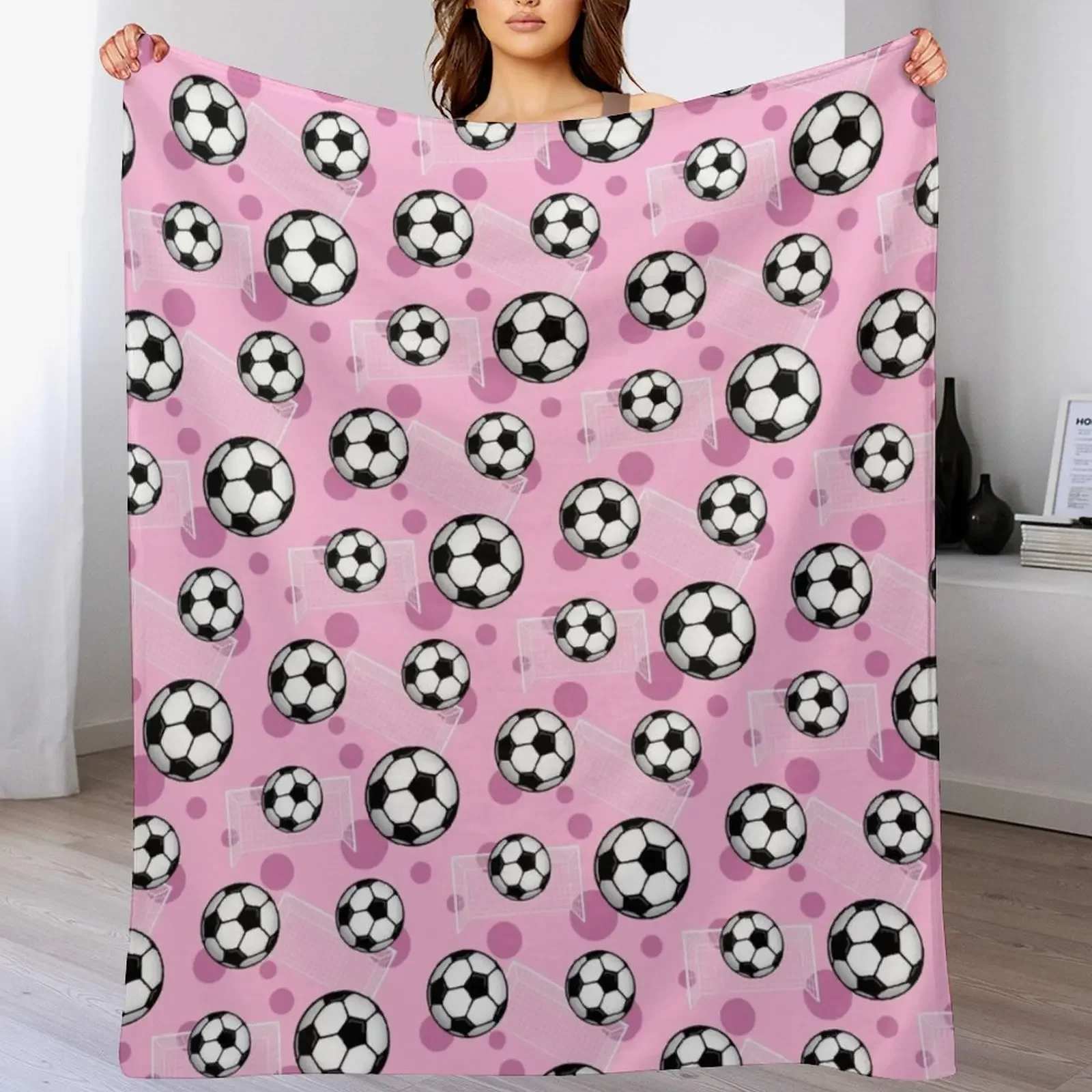 Soccer Ball and Goal Pink Pattern - Pink Soccer Throw Blanket Soft Plush Plaid Decorative Sofa Custom christmas gifts Blankets