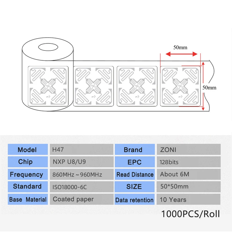 Étiquette autocollante en papier enduit UHF RFID, étiquette électronique, puce U8, U9, haute qualité, 18000-6C, 860-960MHz, 915 MHz, 50 pièces