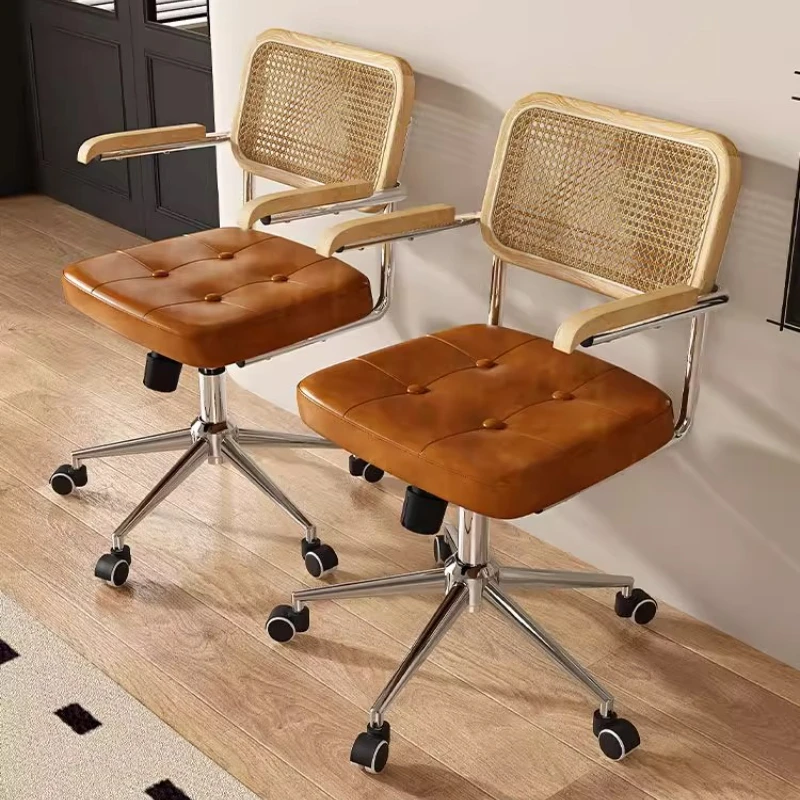 Medieval Rattan Computer Chair with Back Support Adjustable Swivel Office Chair Ergonomic Desk Chairs