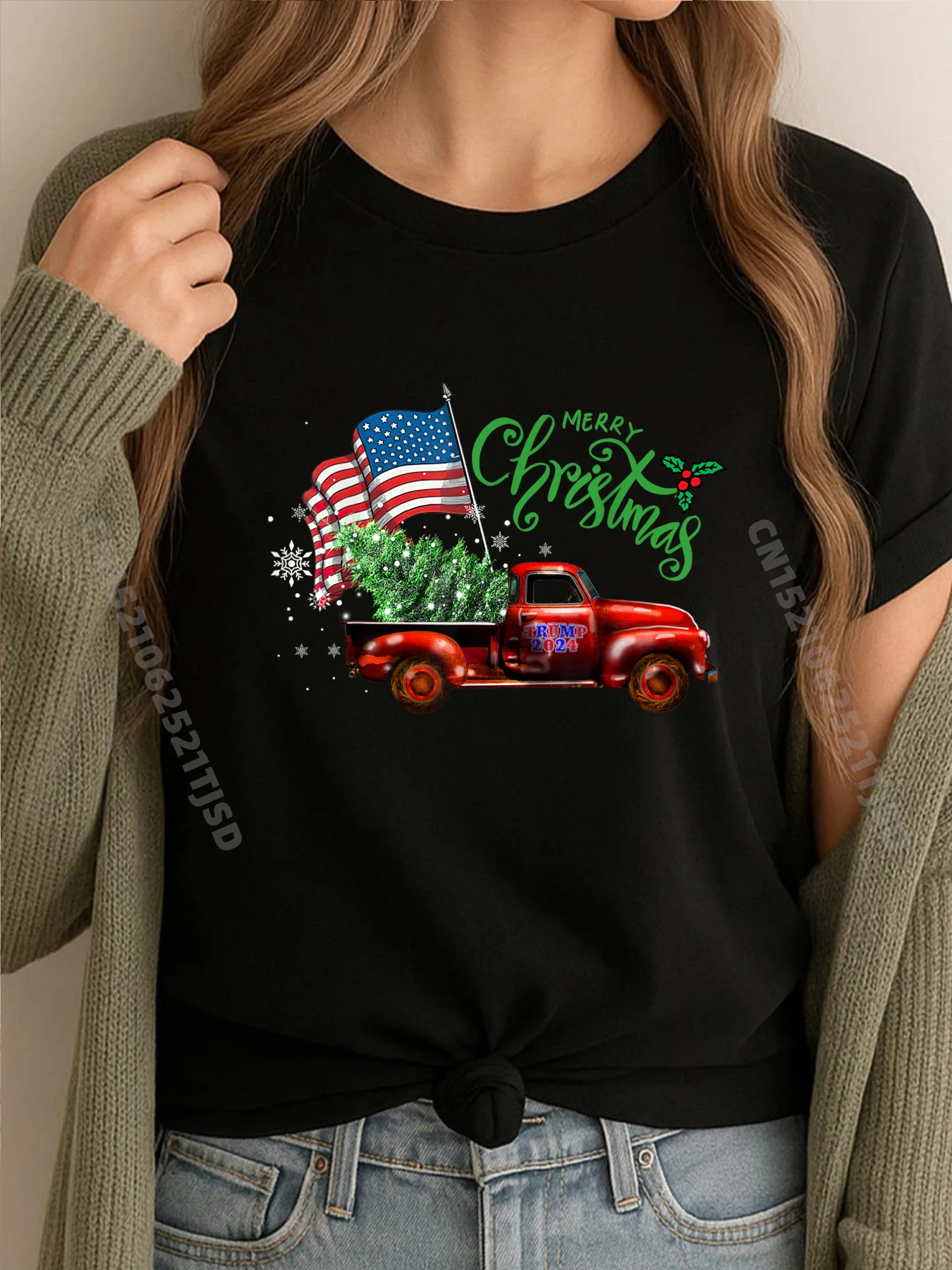 

Красный грузовик, американский флаг, Рождественская елка, уличная одежда, женская и мужская футболка с коротким рукавом, семейная футболка