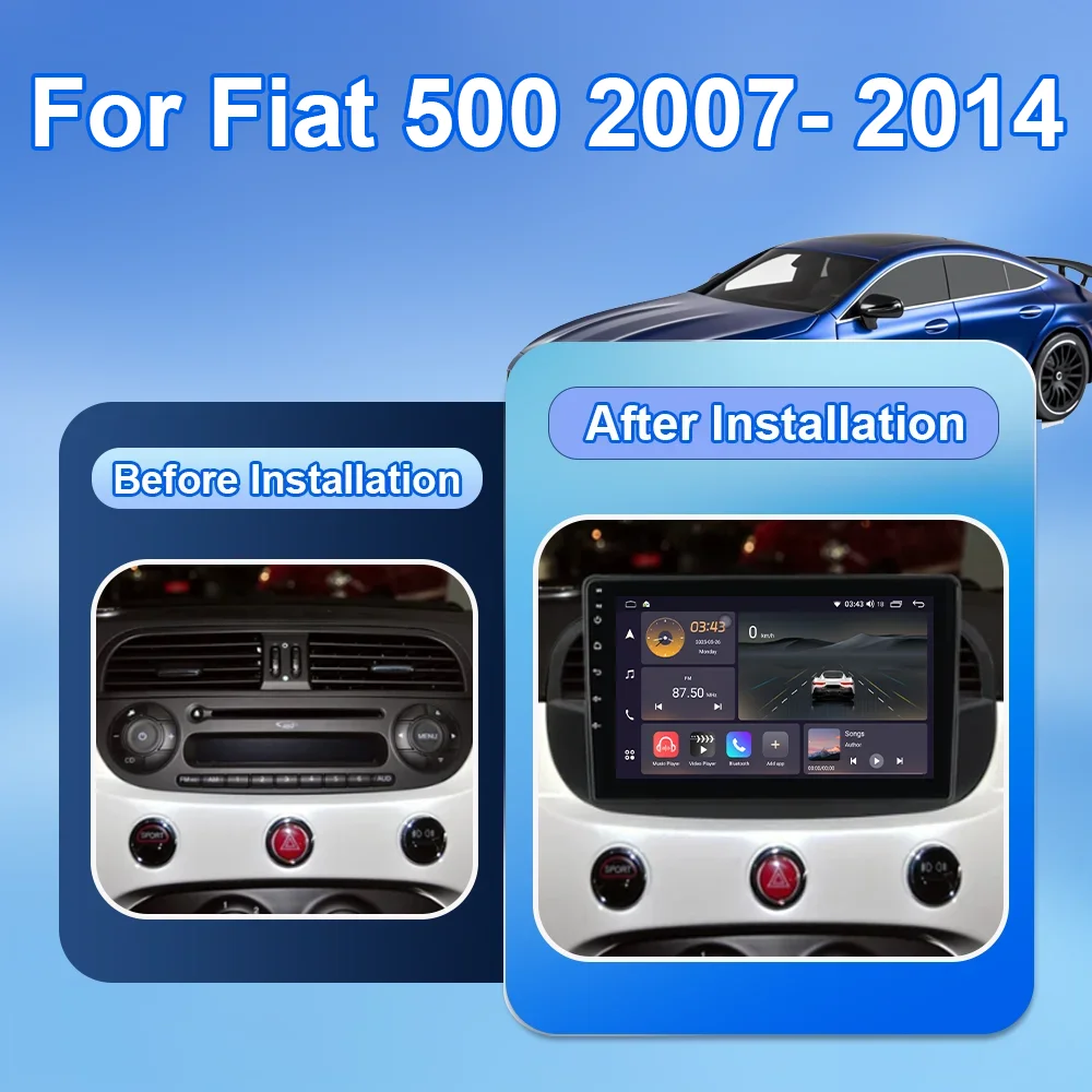 Android 16 For Fiat 500 2007-2014 Car GPS Navigation Carplay Multimedia Video Player Head Unit High-Performance CPU 4G Bluetooth