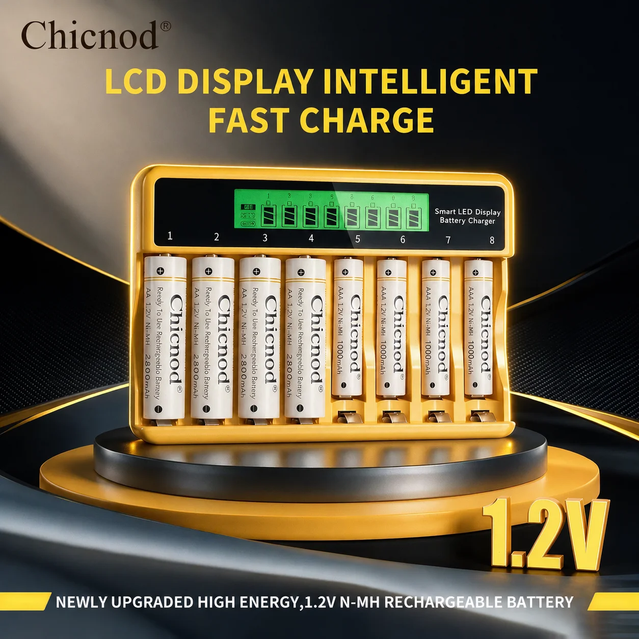 Chicnod 8 Slot Ni-MH Battery Charger LCD Display USB Type-C Smart Charger for AA AAA 1.2V Rechargeable Batteries