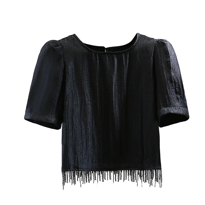 Nail bead fringe bubble sleeve summer Korean slimming high waist short cut solid color bright face short sleeved T-shirt
