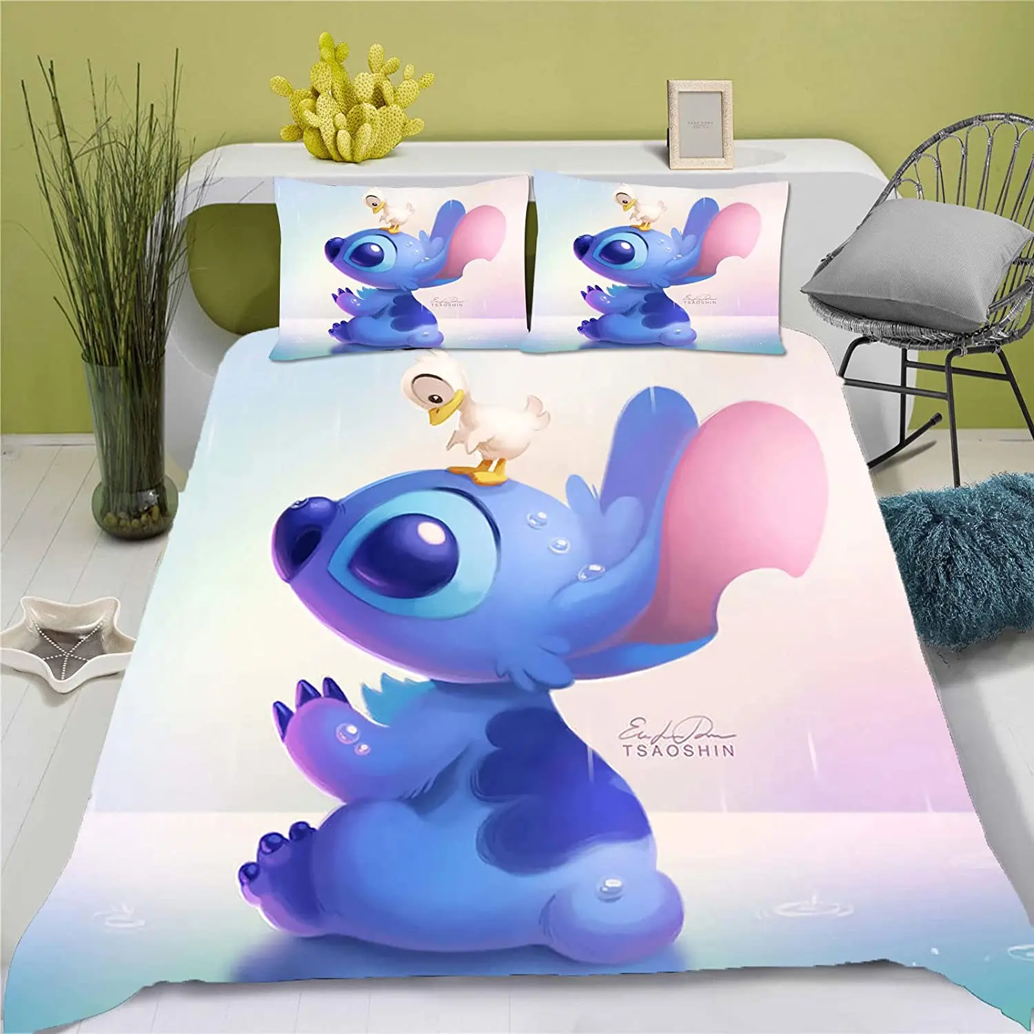 

Stitch Cartoon Cute 3-Piece Set 1 Quilt Cover 3D Children'S Bedding Set Suitable For Children And Adults 100% Polyester Home