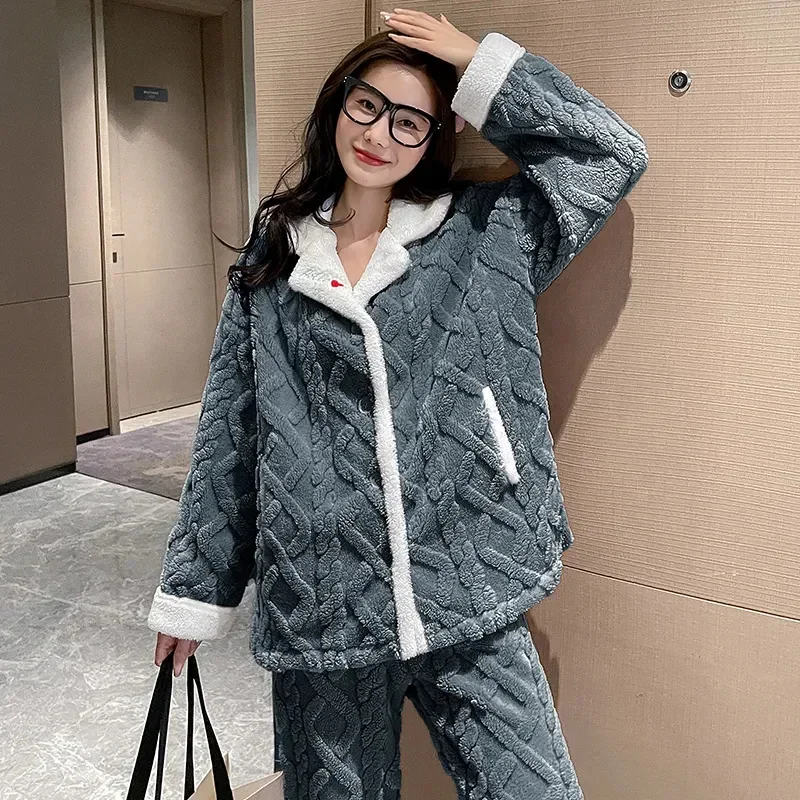 

Coral Fleece Sleepwear for Women Autumn Winter Button Thicken Flannel Long Sleeved Warm Flannel Home Clothes Women Pajamas Sets