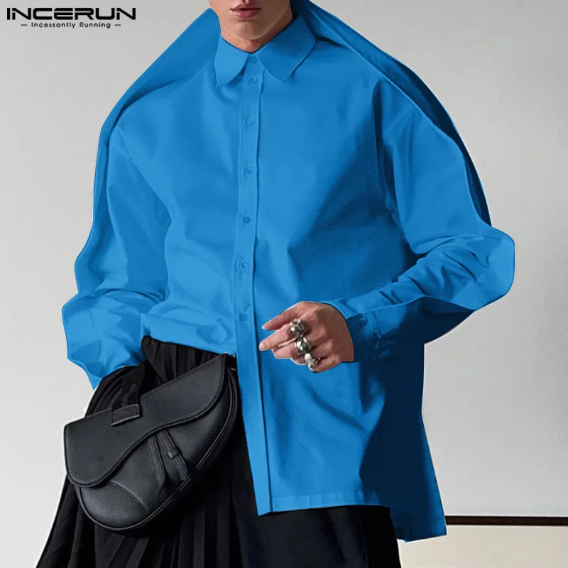 

INCERUN Men Shirt Solid Color Lapel Long Sleeve Button Casual Irregular Shirts Men Streetwear 2024 Fashion Leisure Camisas S-5XL