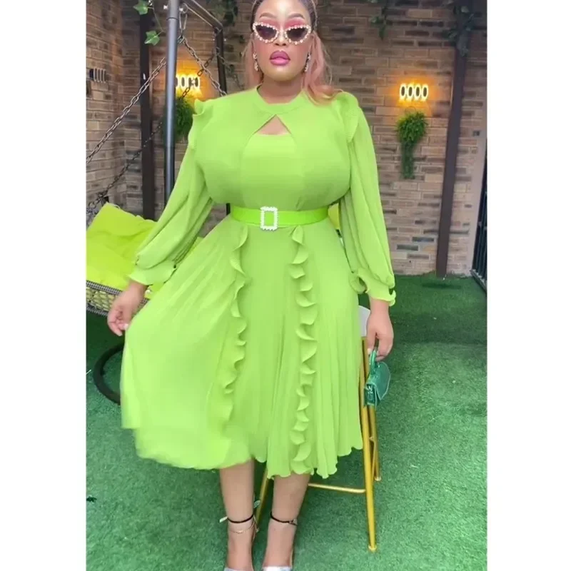 Maßgeschneiderte Frauen Chiffon Kirche Event Kleid Lange Ärmel Rüschen Plissee Mit Taille Gürtel Elegante Afrikanische Weibliche Formale Feiern