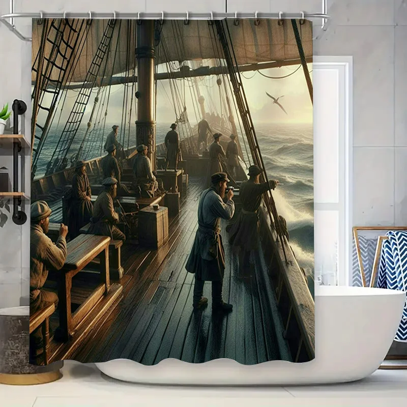 

Занавеска для душа на морскую тематику, сцена корабля с изображением моряков, водонепроницаемая ткань с 3D принтом заката для украшения ванной комнаты