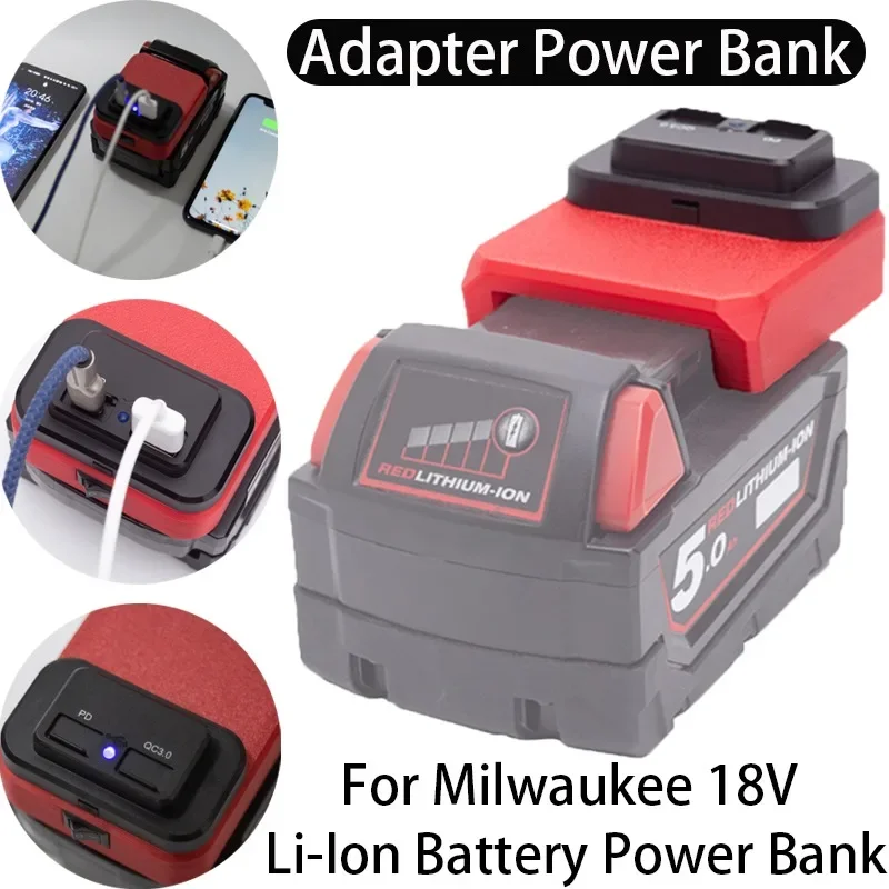 Power Bank for Milwaukee 18V Lithium Ion Battery Adapter Mobile Phone Power Tool Accessory with USB Port（Without Battery）