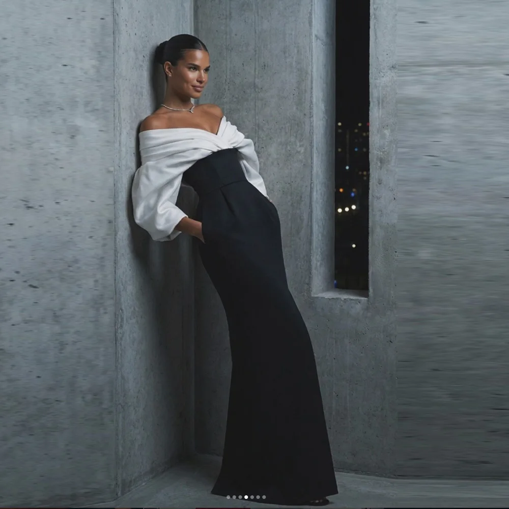 Customized Fashion Mother of the Bride Dresses  Off the Shoulder High Slit Long Sleeves Contrast Color Formal Wedding Guest Gown