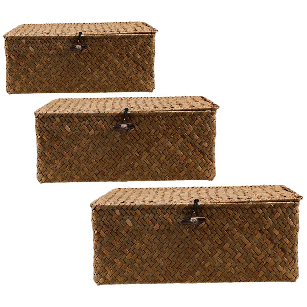 

3 Pcs Storage Box with Lid Finishing Basket Woven Baskets Seagrass Lids Seaweed Office Small Natural