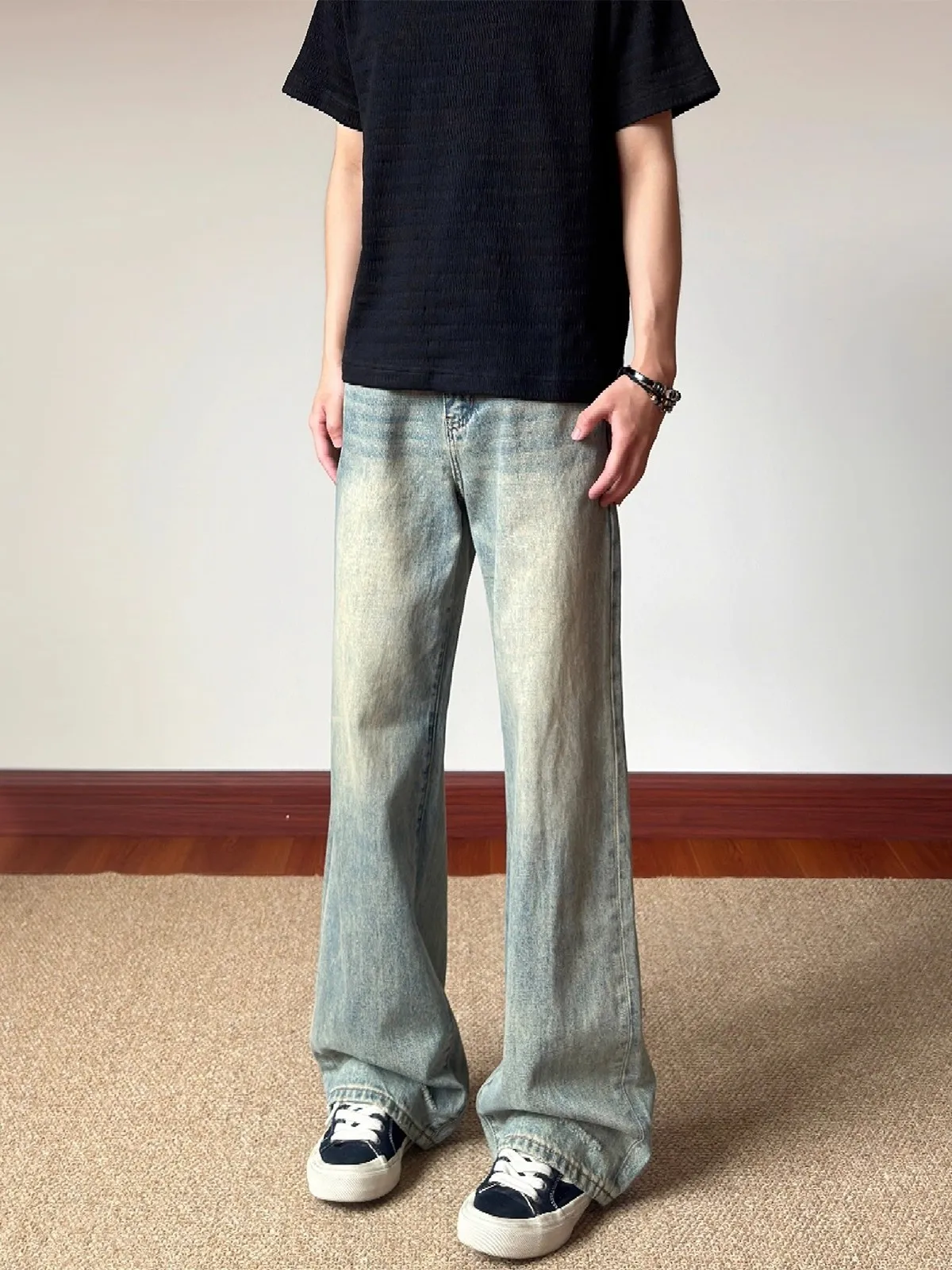 

Waed Denim Jeans Loose Straight Leg Yellow Mud Color Men's Casual Trousers Classic American Retro Sle All-Match K766