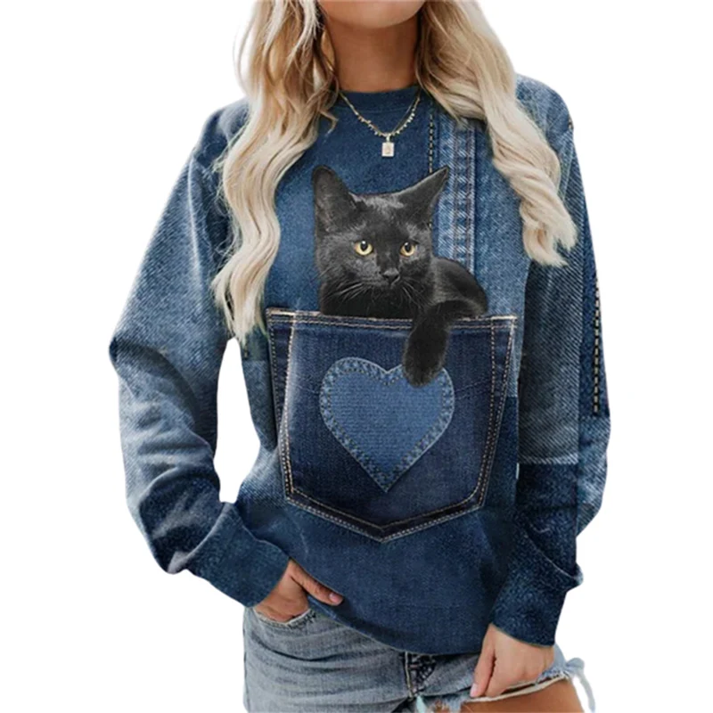 

Fashion Cat Pocket Print Round Neck Pullover Sweatshirt Female Autumn Long Sleeve Tops Women Loose Hoodie New Commuter Outerwear