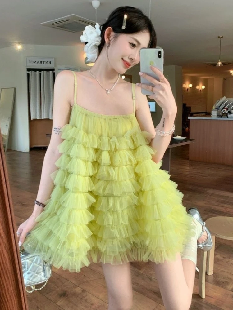 Holiday Style Mesh Dress Women Lovely Summer All-match Loose Vestidos Casual Spaghetti Straps Sweet Girls Party Wear Korean Y2k