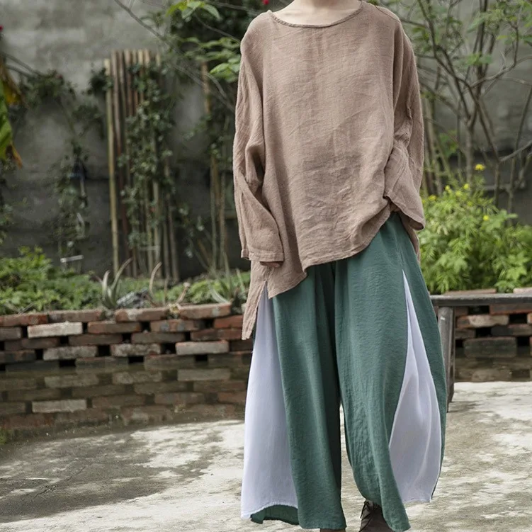 

New refreshing casual loose straight silk cotton splicing trousers color matching literary women's trousers fashion casual versa