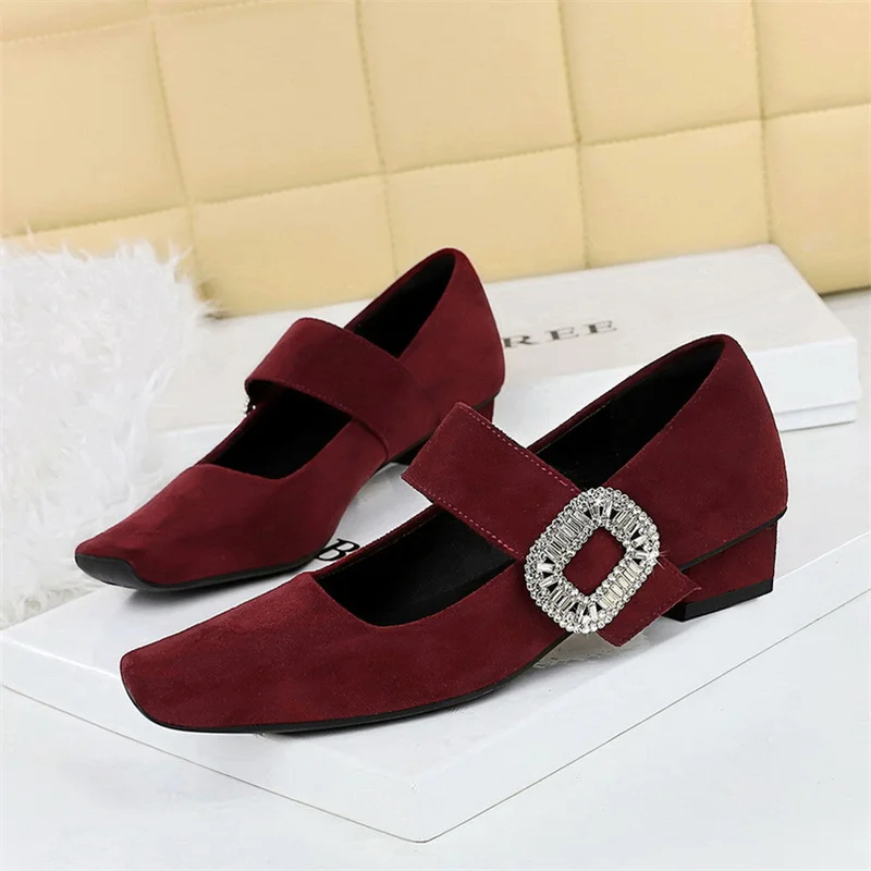 

European American Style Banquet Suede With One Strap Marie Zhen Rhinestone Thick Heel Low Heel Square Toe Single Women Shoes