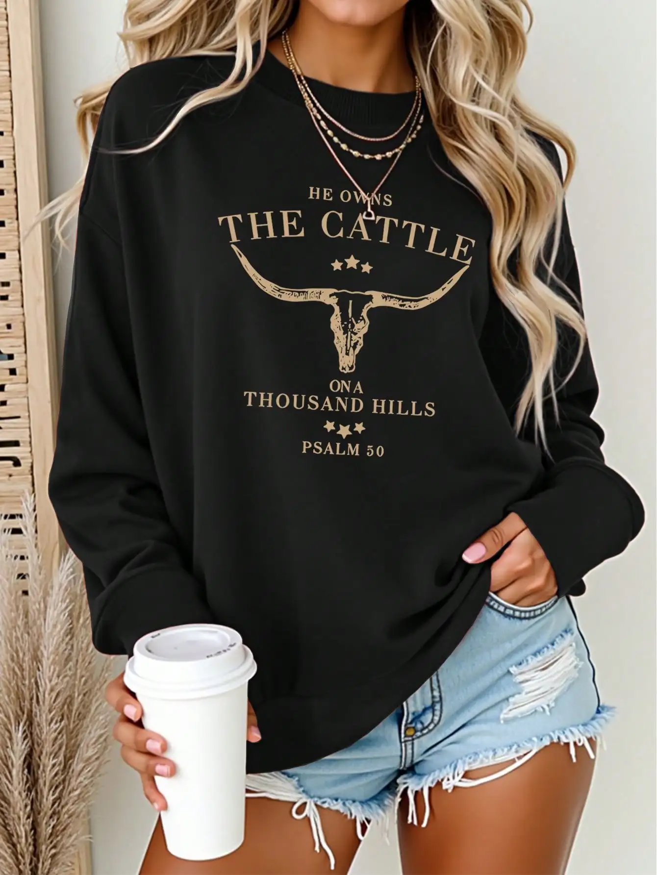 

Western Style Loose Fit Long Sleeve Sweatshirt with Bull Skull & Psalm 50 Print, Women's Fall Winter Casual Top