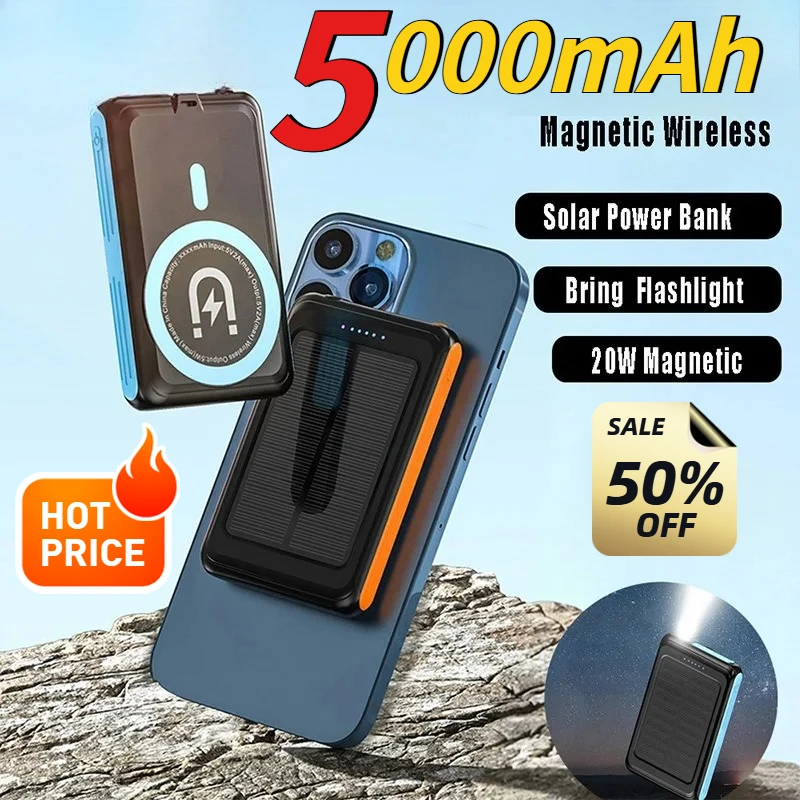5000mAh Wireless Magnetic Solar Power Bank 20W Fast Charging with Flashlight External Backup Battery for IPhone Samsung