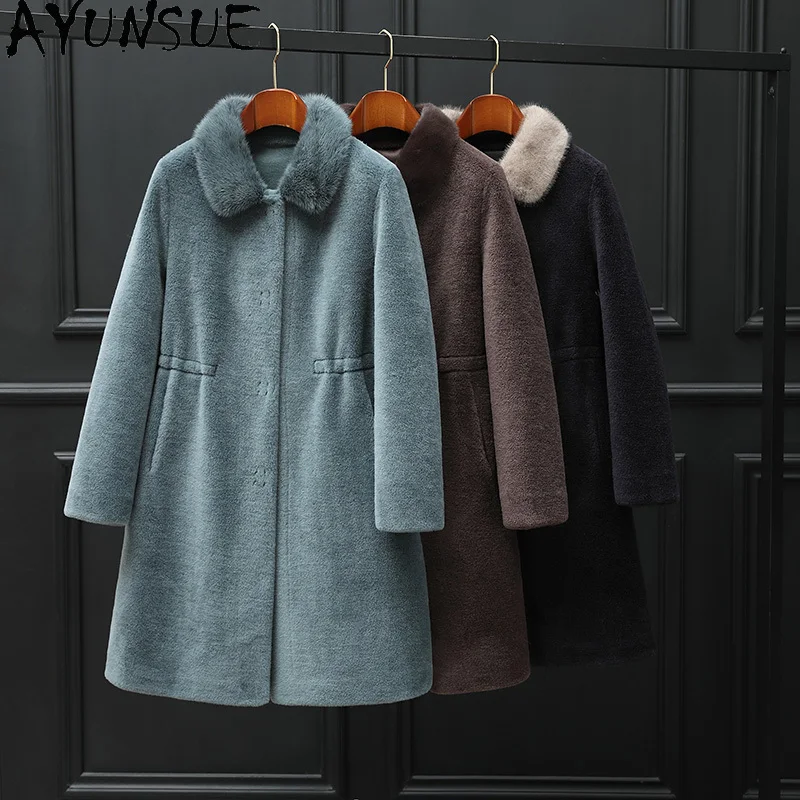 AYUNSUE 100% manteau de laine femmes col de fourrure de vison véritable mouton peau de mouton veste vêtements d'hiver femme fourrure Composite П199ьто Ж брае