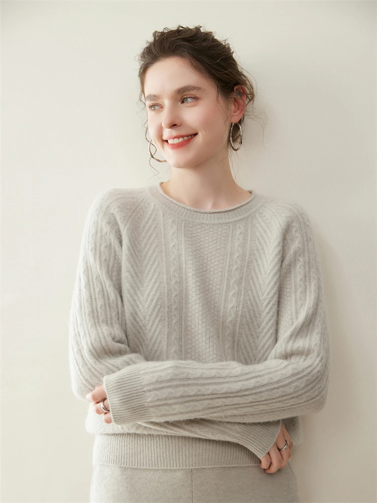 Jersey con cuello redondo y punto de Cable para mujer, suéter de punto de Cachemira de 100% grueso, cálido y suave, ropa elegante, Otoño e Invierno