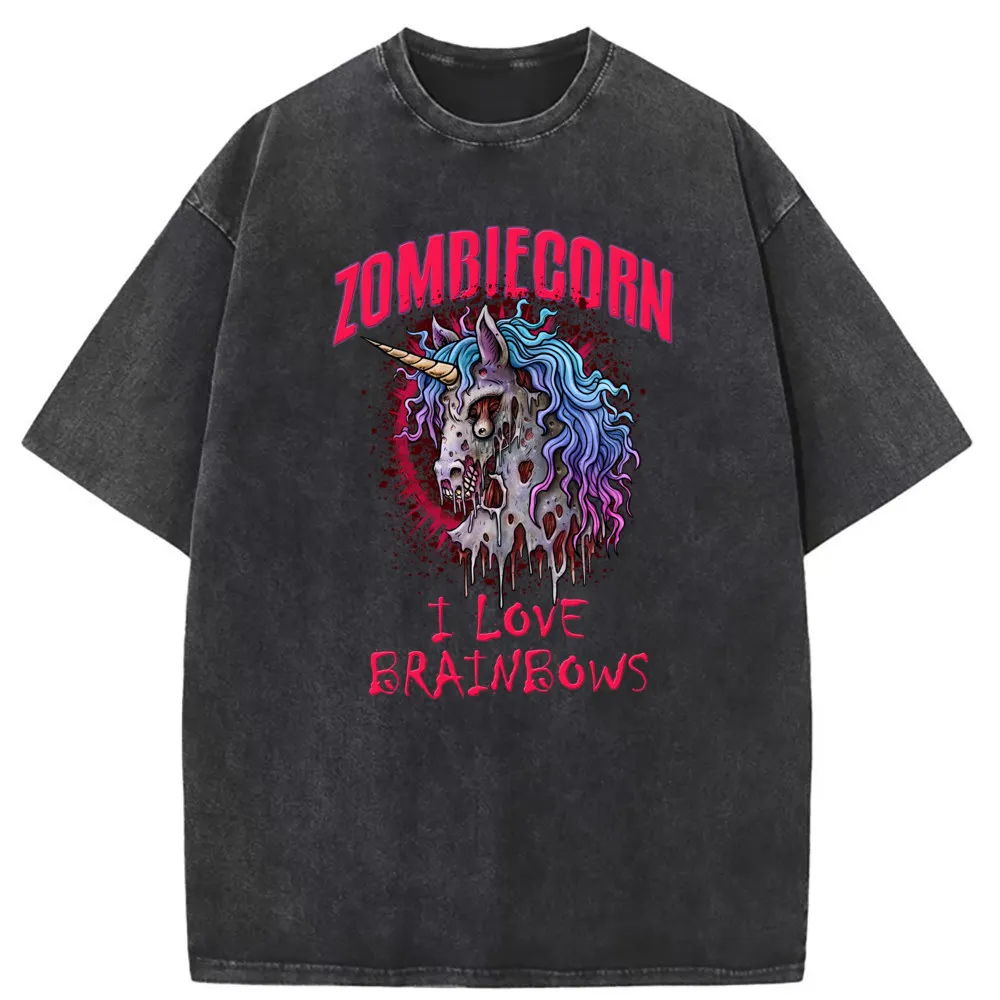 Zombie Unicorn Washed Tshirt For Men Halloween Retro Funny New T Shirt Mens Summer/Autumn Long Sleeve Sweatshirts 3d Style Print