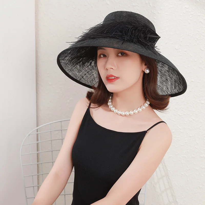 

New Filipino Hemp Yarn Retro Top Hat Women's Banquet Hat Ostrich Wool Hemp Yarn Hat Wedding Hats for Women Elegant Church