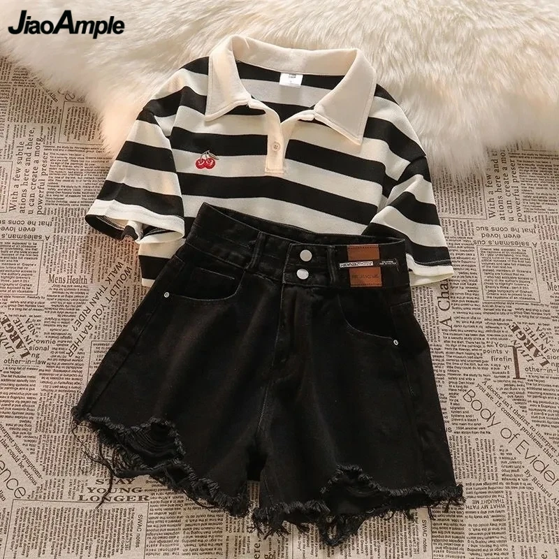 Women Summer Stripe Polo Shirts Short Pants 1 or Two Piece Sets Japan Korean Student Casaul Strawberry Tops Black Jeans Outfits