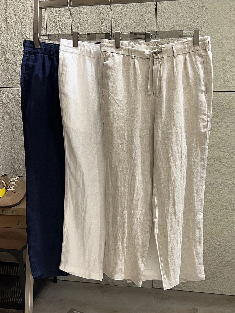 Natural 100% Linen Lightweight Loose Fit Straight Leg Elastic Waist Casual Trousers Breathable Comfortable for Men Autumn Wear