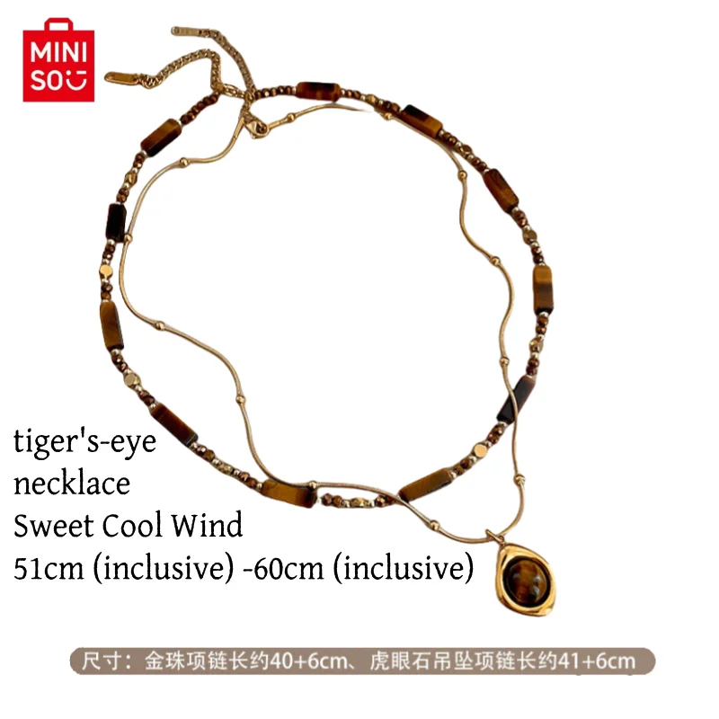 2025 MINISO New Creative Style Double layer Stacked Autumn/Winter Melad Beaded Tiger Eye Stone Pendant Necklace Retro Style