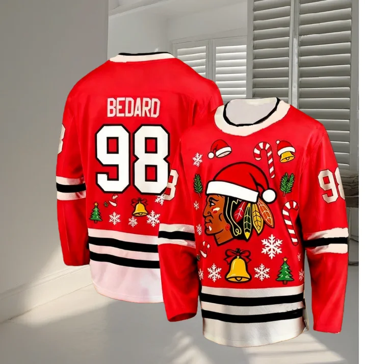 عيد الميلاد تحت عنوان BEDARD No.98 هوكي الجليد رجل جيرسي شيكاغو عيد الميلاد طبعة محدودة الهوكي جيرسي المشجعين هدية الكريسماس تي شيرت