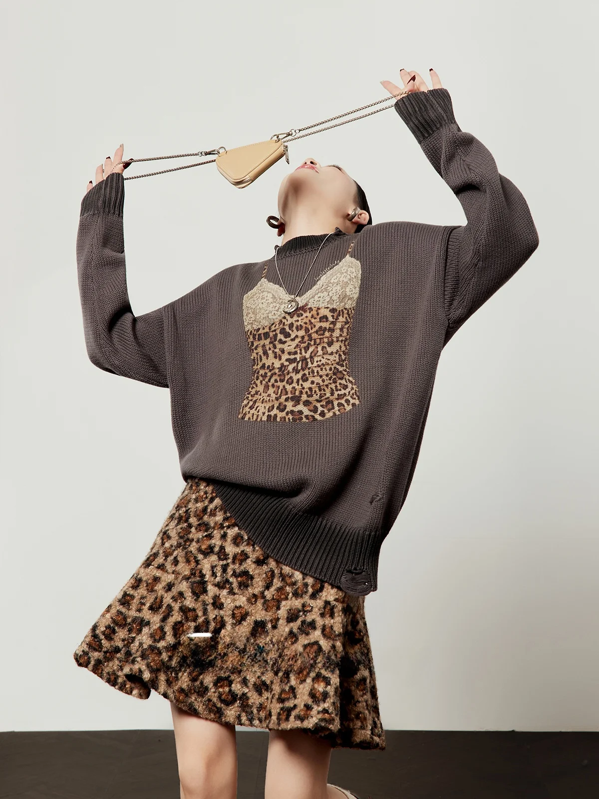 

Retro Sle Women's Knitted Loose Fit Sweater adow Leopard Print Trendy Top Casual Slimming Long Sve Autumn New Arrival