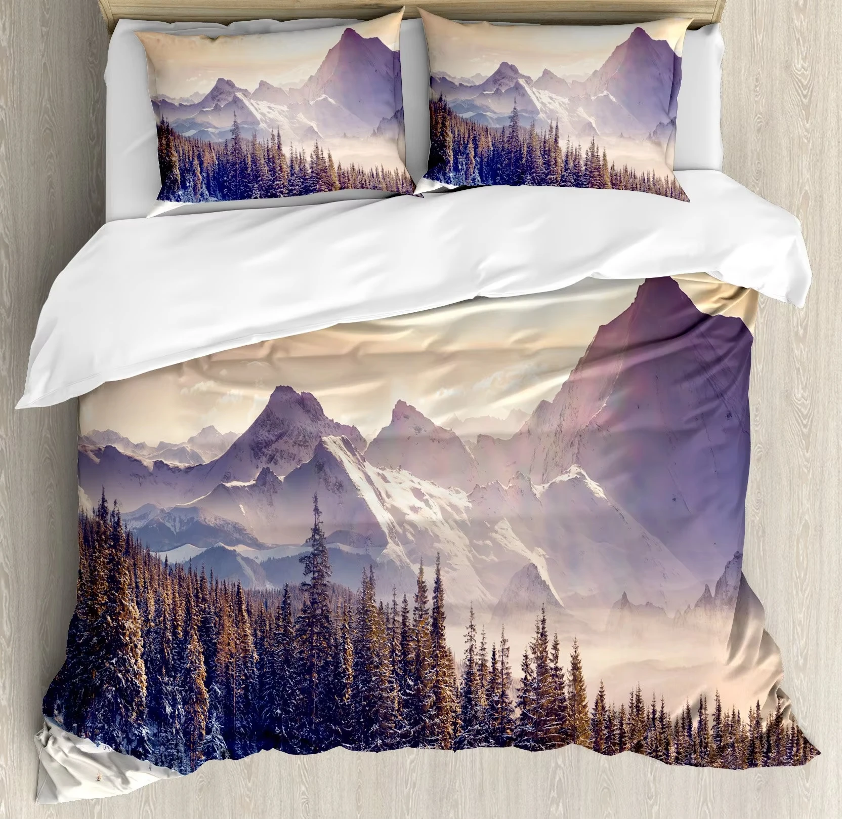 

Smoky Mountain Duvet Cover Full Queen Size Nature Landscape Misty Pine Tree Comforter Cover Rustic Woodland Forest Bedding Set